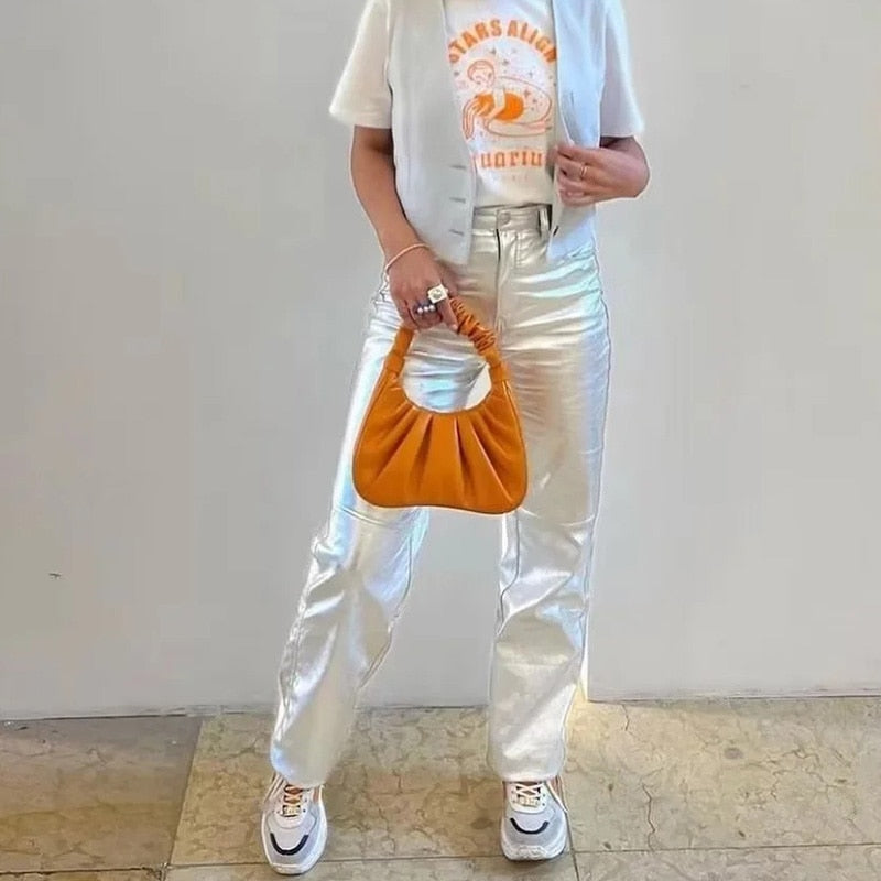 Lustra – Glänsande högmidjade byxor för damer